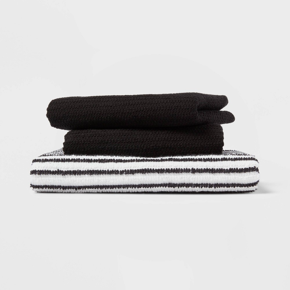 3pk 1 Striped, 2 Solid Dish Cloths Black - Room Essentials