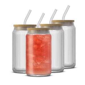 Fluted Glass Tumblers with Bamboo Lids and Straws - 16 oz - Set of 4 - 1 of 4