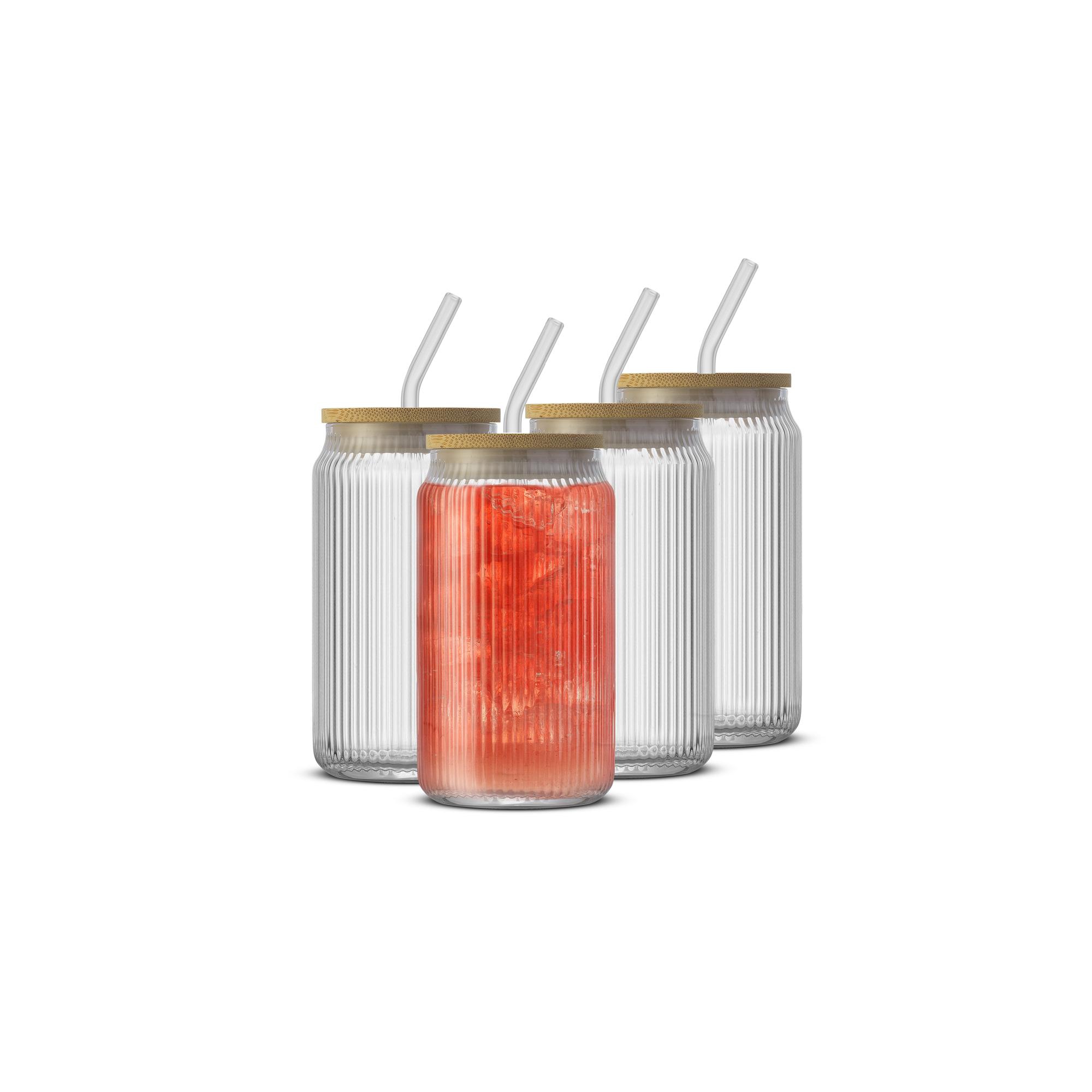 Fluted Glass Tumblers with Bamboo Lids and Straws - 16 oz - Set of 4