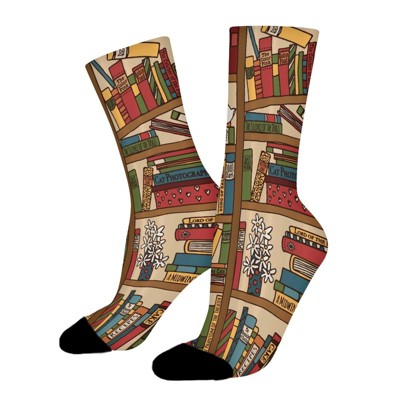 Cat Library Sleeping Over Bookshelf Women Printed Crew Socks Funny Funky Socks Soft Polyester Novelty Gifts for Artists Men