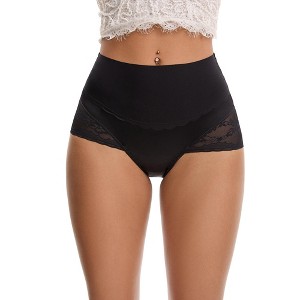 INSPIRE CHIC Women's Hi-Cut Satin High Waisted Lace Trimmed Tummy Control Underpants Briefs - 1 of 4