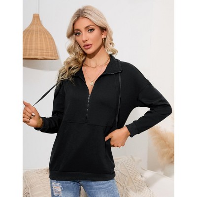Womens Long Sleeve Zipper  Casual Pullover Tops Drawstring Quarter Zip Hoodie Shirts with Pockets Sweater