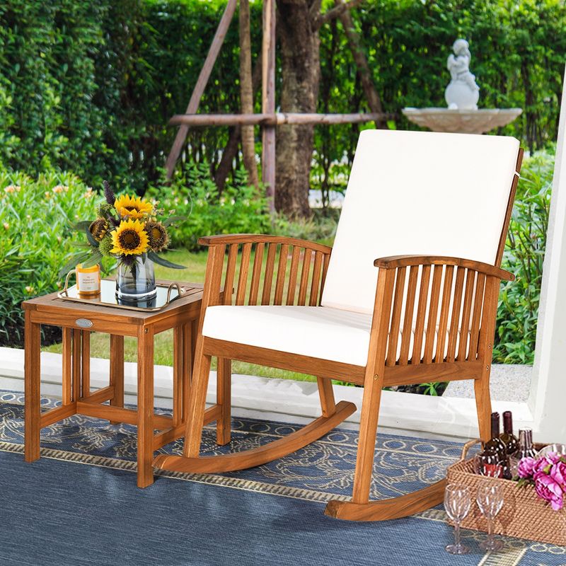 Costway 2PCS Acacia Wood Patio Rocking Chair Set Cushioned Coffee Table, 2 of 11