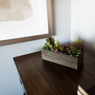10" Green Silk and Plastic Succulent Arrangement in Brown Wooden Container