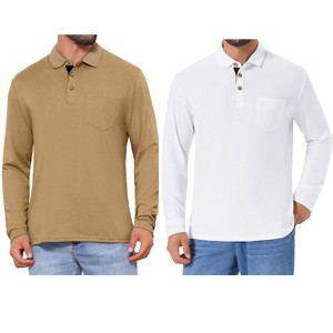 INSPIRE CHIC Men's Contrast Button Collared Pocket Long Sleeves Polo T-Shirts 2 Packs - 1 of 4