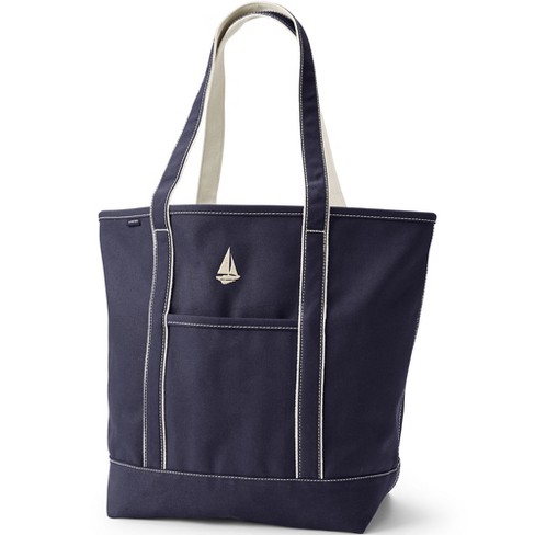 Lands' End Medium Natural 5 Pocket Open Top Long Handle Canvas Tote Bag - -  Natural/True Navy