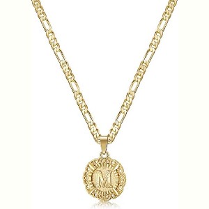 Women's 14K Gold Plated Initial Necklace with Round Letter Pendant from A-Z on Figaro Chain - 1 of 4