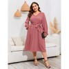 Women's Plus Size Midi Dress V-Neck Lace Pocket Lantern Sleeve Waist Tie Dress Fall - 2 of 4