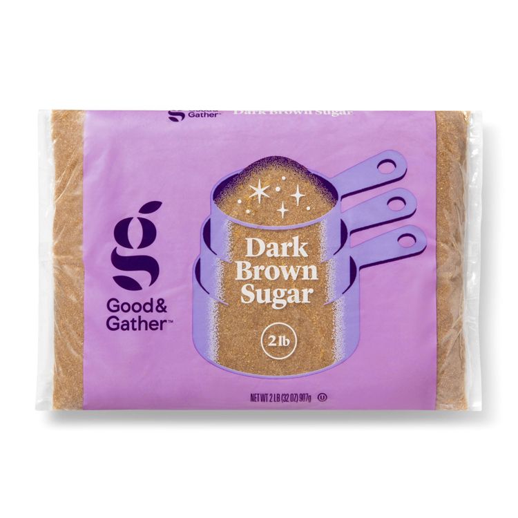 A package of Good & Gather dark brown sugar with a 2 lb label on a purple background.