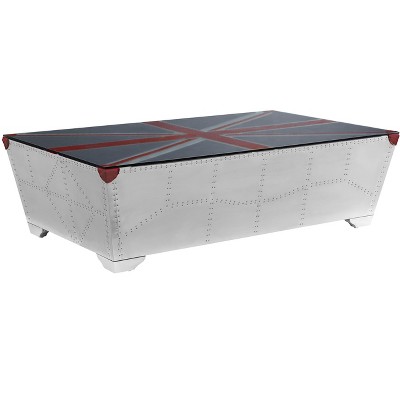 HomeRoots 64" Silver Navy Blue And Red Union Jack Aviator Coffee Table