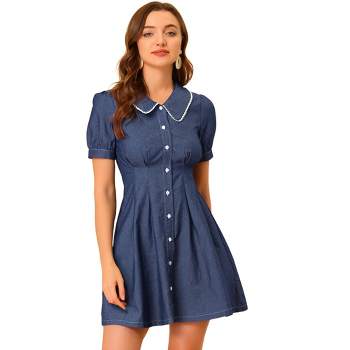 Allegra K Women's Button Down Belted Pleated Flare A-line Denim Shirt Dress  Dark Blue Small : Target