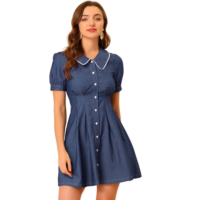 Allegra K Women's Chambray Puff Button Front Flare A-line Mini Shirt Dresses, 1 of 7