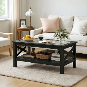 Resenkos 39.25'' L x 21.75'' W x 17.75'' H Coffee Table with Tempered Glass Tabletop, Wood Frame and Underneath Storage Shelf, - 1 of 4