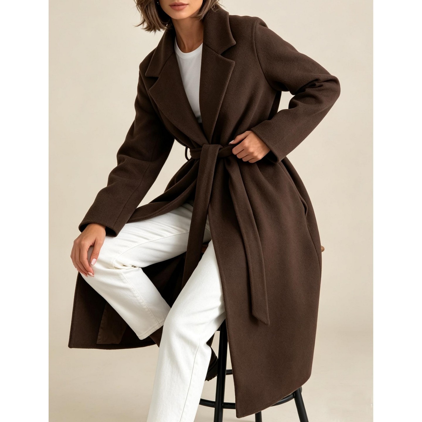 Женская куртка YesFashion Women Lapel Belted Midi Coat Open Front Long Sleeve Wrap Trench Outerwear, Khaki, цвет: Хаки — фото 6