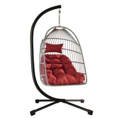 Maggift Patio Accent Outdoor Egg Hanging Chair with Stand Patio Wicker Swing Egg Chair Indoor Swinging Chair Egg Chair, Black, 43.3"*29.13"*77.95"