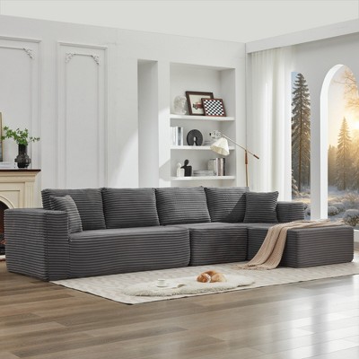 137.8" Corduroy Upholstery L-Shaped Cloud Modular Sectional Sofa with Right Chaise and Pillows, All-Foam Compression Design