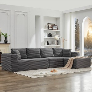 137.8" Corduroy Upholstery L-Shaped Cloud Modular Sectional Sofa with Right Chaise and Pillows, All-Foam Compression Design - 1 of 4