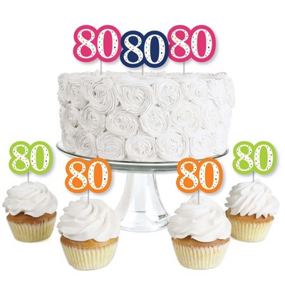 Big Dot of Happiness 80th Birthday - Cheerful Happy Birthday - Dessert Cupcake Toppers - Colorful Eightieth Birthday Clear Treat Picks - Set of 24