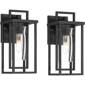 Possini Euro Design Raynor 13 1/2" High Modern Outdoor Wall Light Fixture Mount Porch House Exterior Set of 2 Sand Black Aluminum Clear Glass Shade - 1 of 4