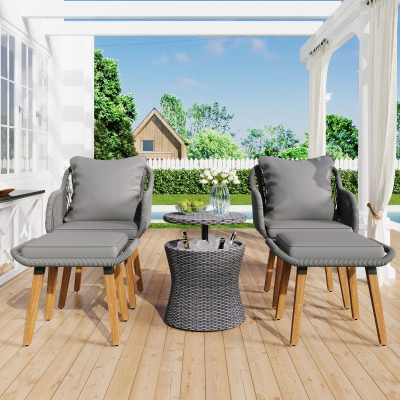 5-Piece Patio Conversation Set with 2 Ottomans, Outdoor Furniture Bistro Set with Wicker Cool Bar Table 4A - ModernLuxe, 2 of 13
