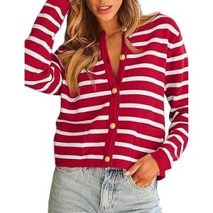 Women's Striped Button Cardigan Open Front Color Block Knit Sweater with Pockets - 1 of 3
