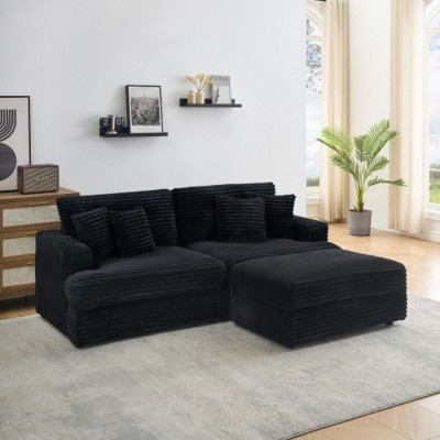 Modern 88.6" Corduroy Deep Seat Sofa with Storage Ottoman, Cloud-Like Comfy 3-Seater Couch for Living Room or Small Spaces–The Pop Home