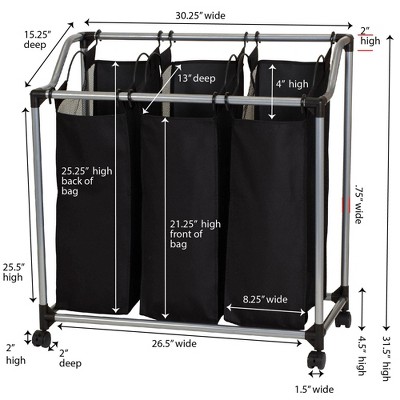 Black and Silver Triple Laundry Sorter with Wheels and Mesh Bags