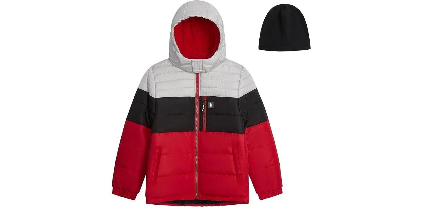 Куртка London Fog Heavyweight Puffer Jacket with Soft-Lined Hood, Fleece Beanie, and Left-Chest Zipper Pocket - Red для мальчиков, цвет: Красный — фото 1