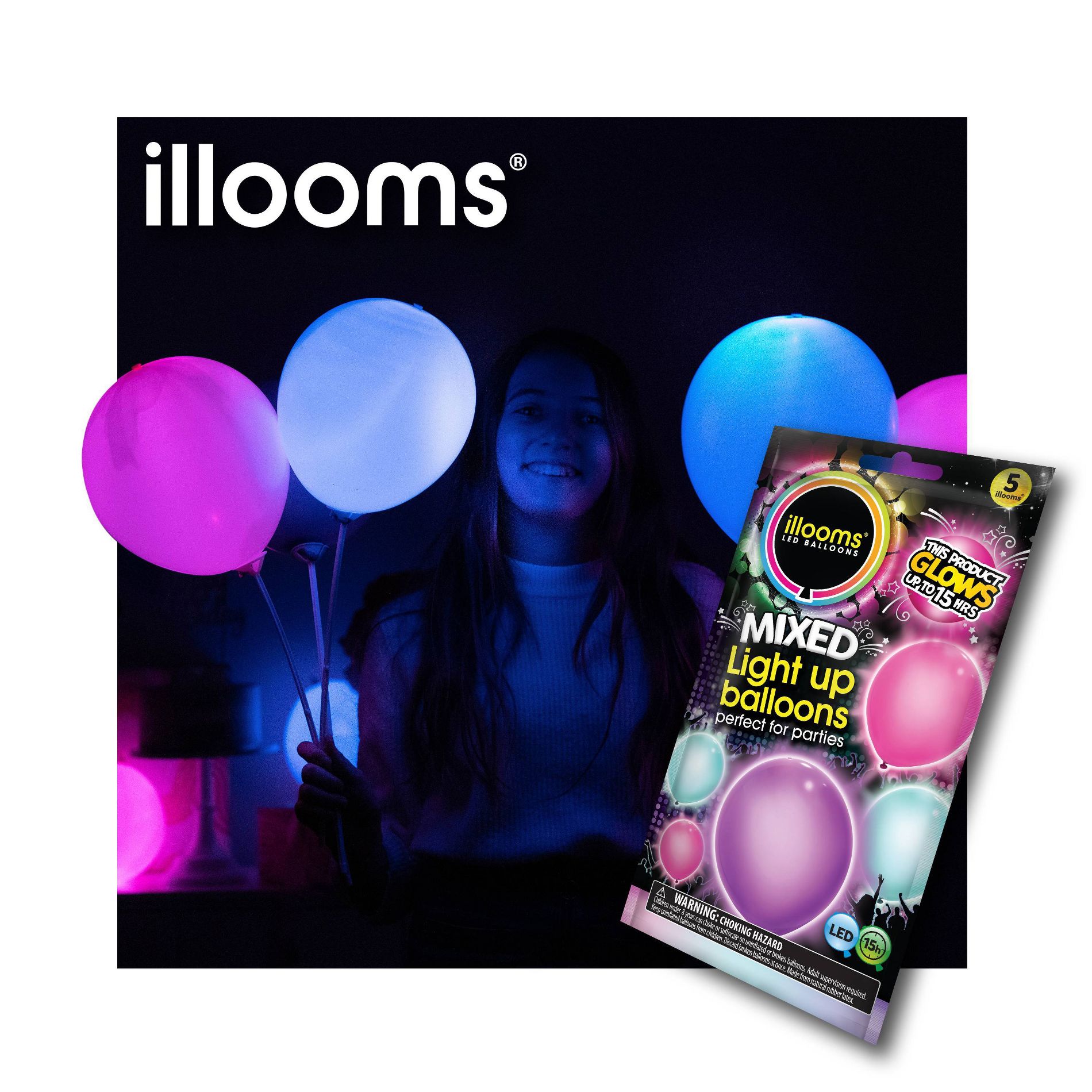 5ct illooms LED Light Up Mixed Solid Balloon: Multicolor Latex for Birthday Parties, Includes Batteries, Ages 8+