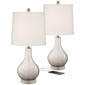 360 Lighting Ledger Modern Accent Table Lamps 21 3/4" High Set of 2 Mercury Glass with USB Charging Port Off-White Drum Shade for Family Office Desk - 1 of 4