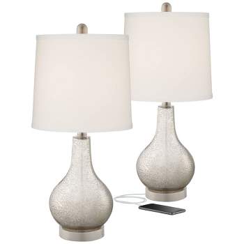 360 Lighting Ledger Modern Accent Table Lamps 21 3/4" High Set of 2 Mercury Glass with USB Charging Port Off-White Drum Shade for Family Office Desk
