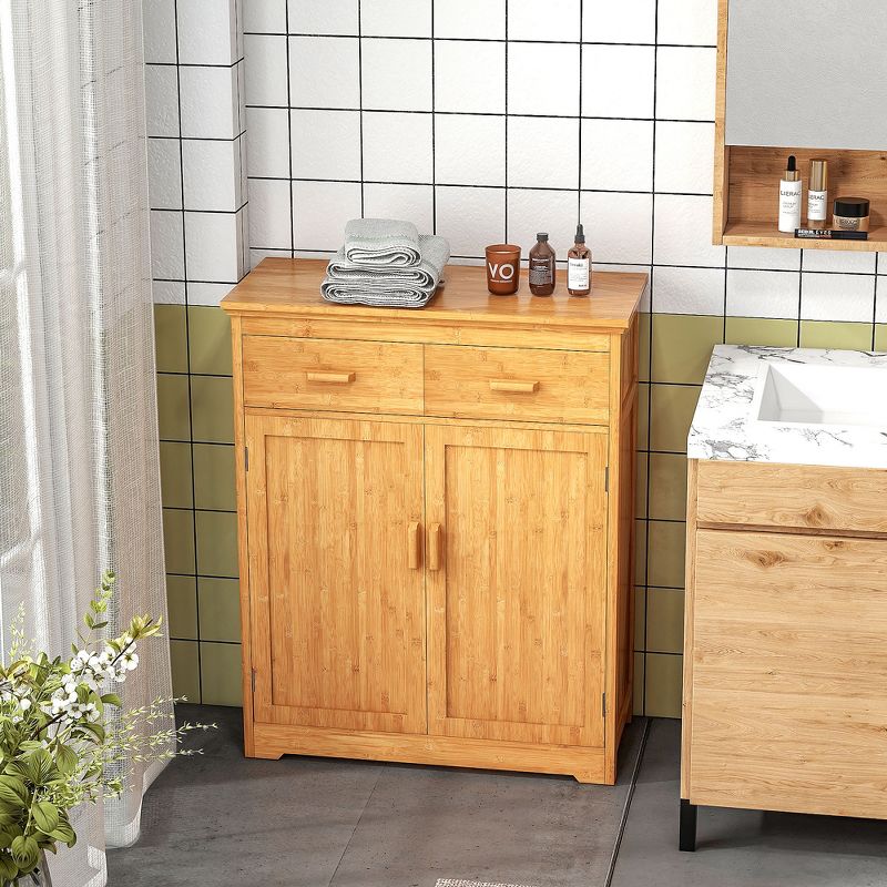HOMCOM Bathroom Storage Cabinet, Bamboo Floor Cabinet Organizer with Doors and Adjustable Shelves, Natural, 5 of 7