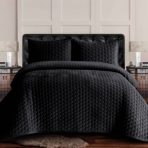 Tribeca Living Fluwelen queensize spreiset, driedelig, beddengoed met honingraatsteek, superzachte fluweel van 260 GSM, oversized sprei en twee kussenslopen, chocoladekleurig