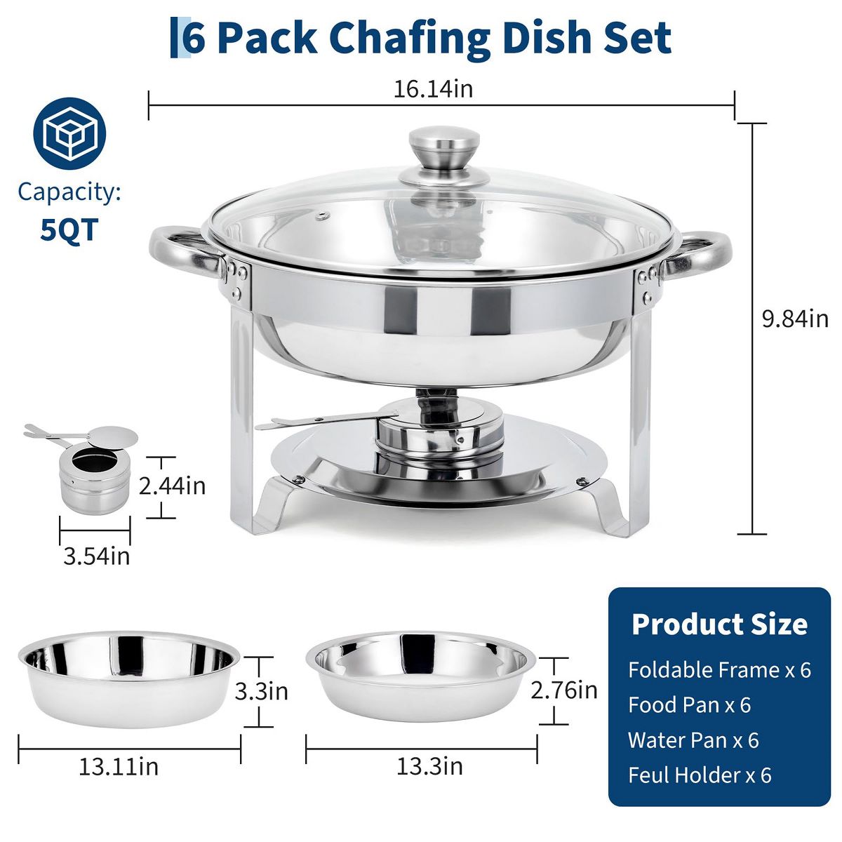 4/6-Pack 5QT Round Chafing Dish Set, Stainless Steel Buffet Food Warmers with Lids & Water Pans, Buffet Servers for Parties, Weddings and Banquets - thumbnail 7