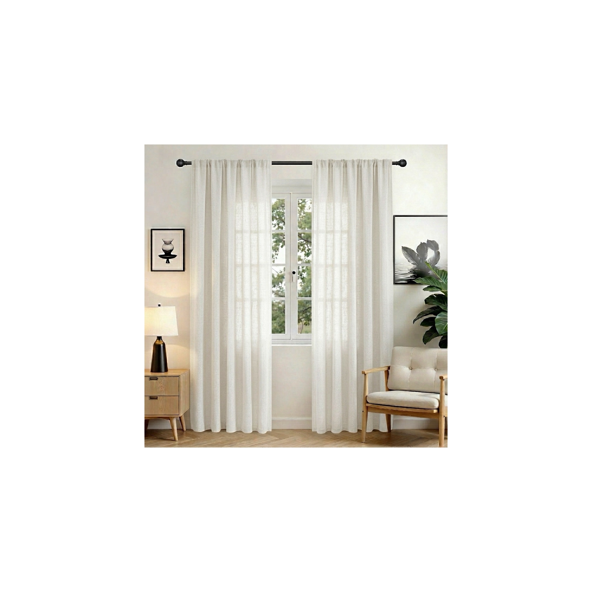 JoyDeco 37''W x 84''L Ivory on Linen Light Filtering Linen Curtains - Back Tab & Rod Pocket Top, 2 Panels Set