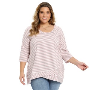 Women's Plus Size Striped Scoop Neck 3/4 Sleeve Crossover High Low Hem Loose Casual Blouse - GRACE & GRANDEUR - 1 of 4