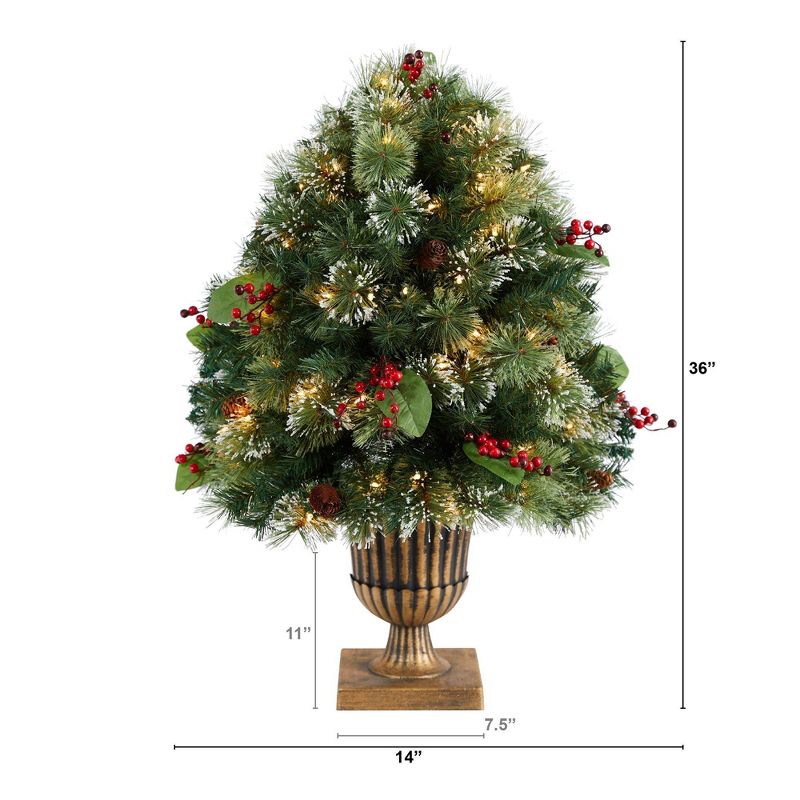 Nearly Natural 3-ft Holiday Pre-Lit Snow Tip Greenery, Berries and Pinecones Plant in Urn with 100 LED Lights, 2 of 9
