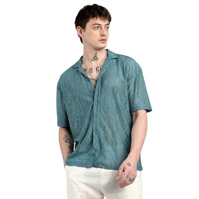 Campus Sutra Men Men's Teal Blue Oversized Zig-Zag Shirt