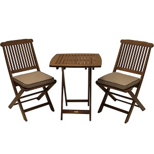 Outdoor Interiors Eucalyptus Wood 3-Piece Square Foldable Bistro Outdoor Furniture Patio Set, Table and 2 Chairs with Cushions - 1 of 4