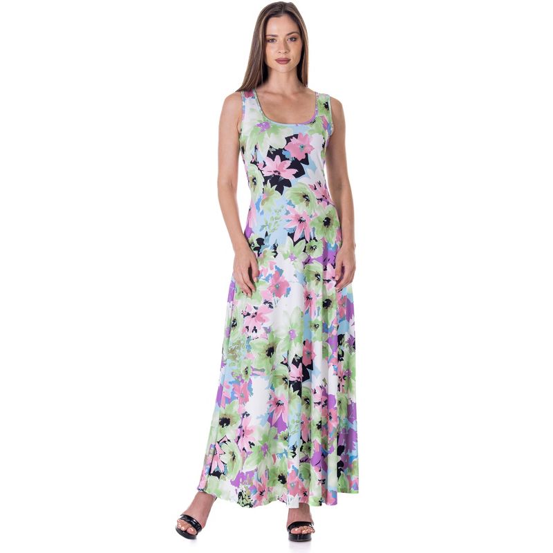 24seven Comfort Apparel Womens Pastel Floral Scoop Neck A Line Sleeveless Maxi Dress, 1 of 9