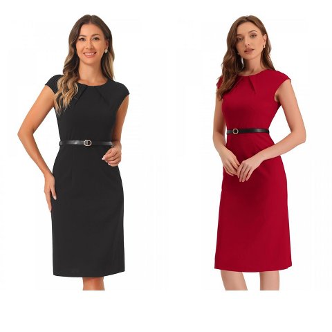Женские платья INSPIRE CHIC Women's Elegant Business Round Neck Belted Cap Sleeve Work Sheath Dresses 2 Packs Black/Red Large