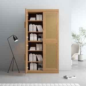 62"x31"x16" Wood Grain Buffet Cabinet, Storage Organizer with Adjustable Shelves and Rattan Doors for Kitchen Bedroom Living/Dinning Room - 1 of 4