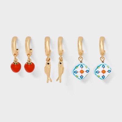 Fruit Fish and Tile Earring Set 3pc - Universal Thread™ Gold