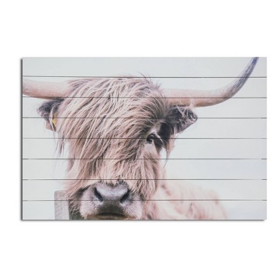 24 x 36 Highland Cow Print on Planked Wood Wall Sign Panel Brown -  Gallery 57