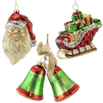 Holiday Ornament 5.0" Vintage Inspired Ornament Set/3 Santa Sleigh Bell Retro  -  Tree Ornaments