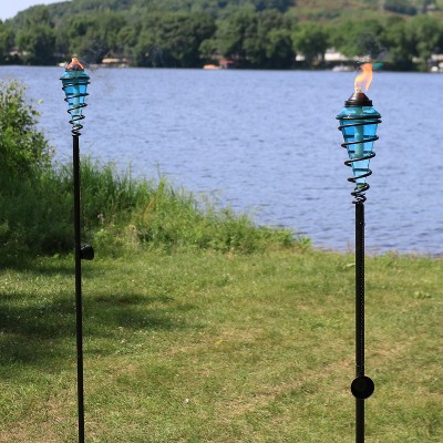 Blue Glass and Metal Swirl Adjustable Height Outdoor Torch Set