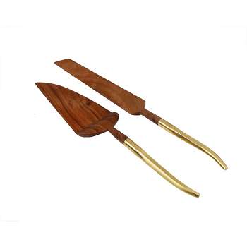 Classic Touch S/2 Wooden Cake Servers with Gold Handle