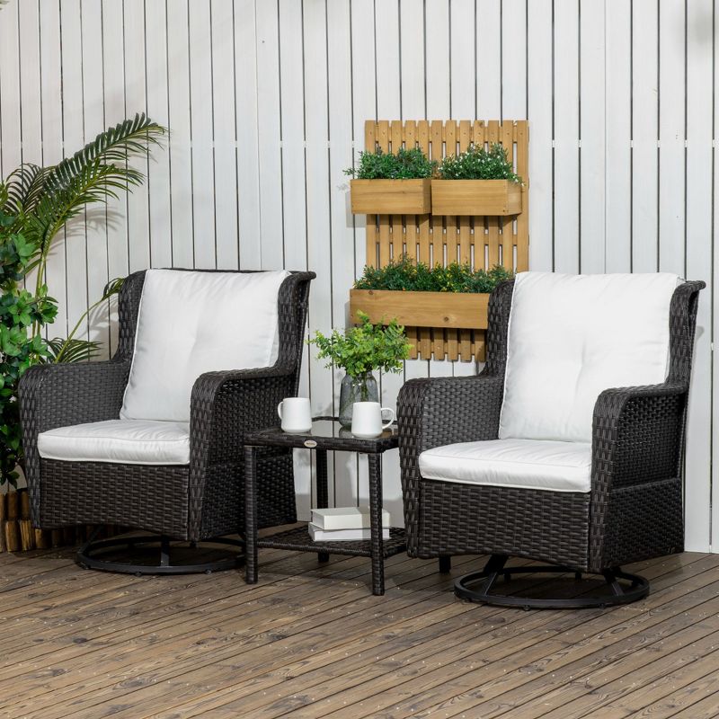 Outsunny 3-Piece Patio Bistro Set, PE Rattan Wicker Outdoor Furniture, Soft Cushions, 2 360 Swivel Rocking Chairs, 2-Tier Coffee Table, 2 of 7