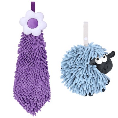 REGALWOVEN Flower and Sheep Shape Absorbent Fast Drying Chenille Hand Towels with Hanging Loop 6" x 15"/7" x 7" 2 Packs
