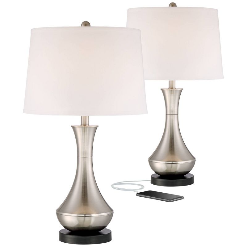 360 Lighting Simon Modern Table Lamps 25 1/2" High Set of 2 Brushed Nickel with USB Charging Port White Fabric Drum Shade for Bedroom Living Room Desk, 1 of 10
